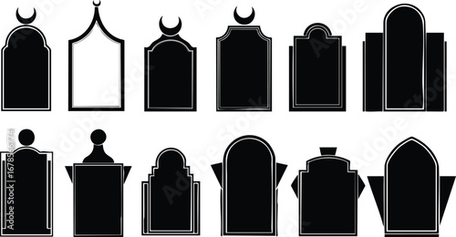 A collection of twelve different black and white vector graphic tombstone designs with Islamic crescent moon symbols.
