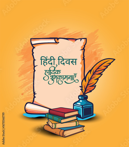 Hindi Diwas Greeting Illustration with Scroll, Books, and Ink Pen