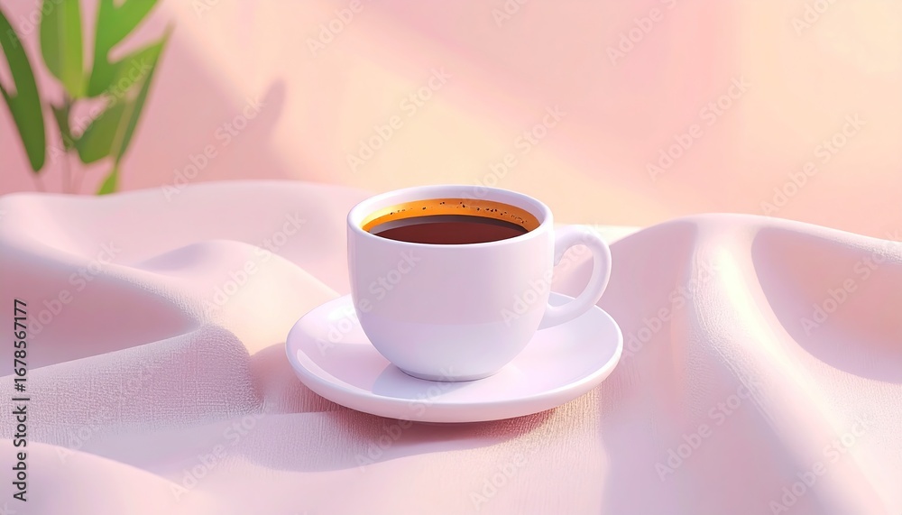 Fototapeta premium White ceramic cup of dark coffee on saucer rests on soft pink draped fabric Blurred green leaves in pastel background