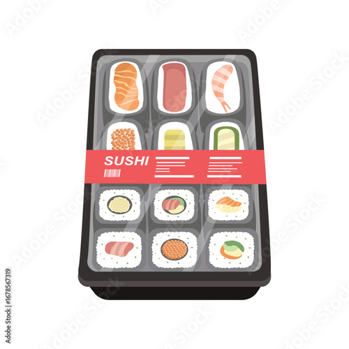 Sushi tray assortment fresh rolls and nigiri selection. Eating sushi. Sushi advertising. Japanese food ads.