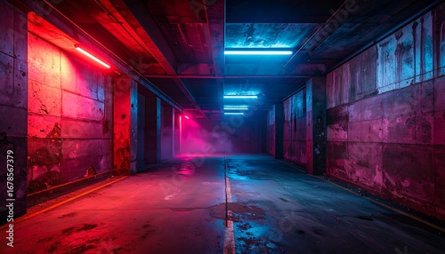 Neon-lit underground garage