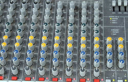 Audio mixer console, a piece of equipment used to combine and balance audio signals