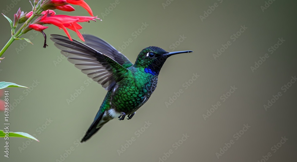Fototapeta premium Hummingbird near red flower in flight