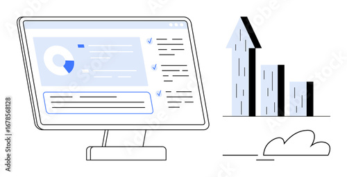 Computer screen displaying analytics dashboard with charts and checklists, next to upward growth bar graph. Ideal for analytics, business growth, performance, planning, productivity, reports, simple