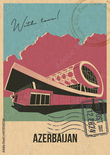 Main Azerbaijan Attraction Carpet Museum Retro Postcard Style Illustration. Aged Paper Texture, Vintage Colors