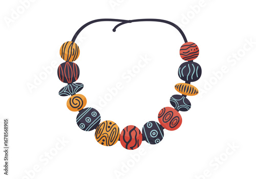 A beaded necklace with colorful uniquely patterned round and oval beads on a black cord