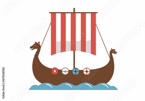 A brown Viking ship sails on blue waves featuring redwhite striped sails and shields along the hull