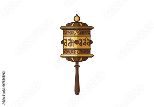 A Buddhist prayer wheel is shown featuring script and ornaments It stands upright with a golden cylinder  brown handle