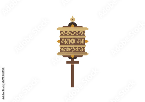 A decorative Buddhist prayer wheel with inscribed text placed centrally on a brown support
