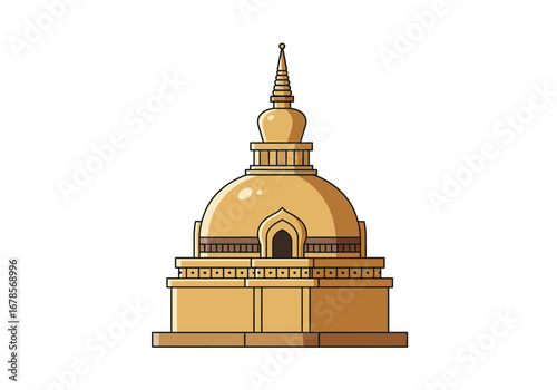 A golden stupa stands on a tiered base topped with a spire against a white background
