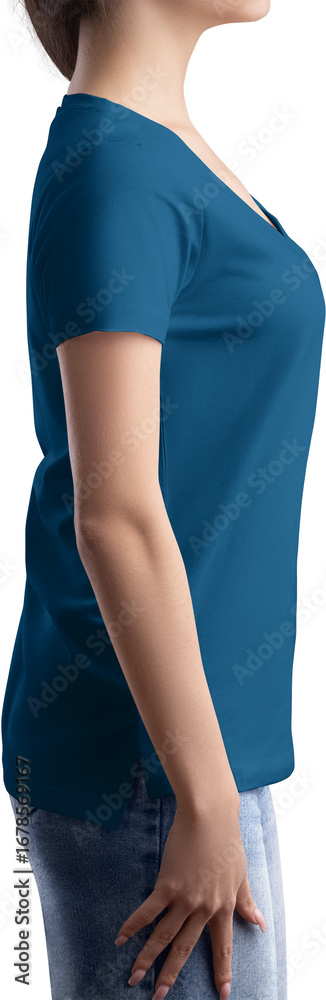 Fototapeta premium Blue t-shirt mockup with pocket, v-neck on girl, png, side view