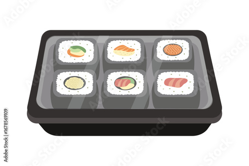 Sushi Selection in a Black Tray Assortment of Maki Rolls. Sushi packaging. Sushi lunch box. Delivery sushi.