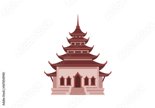 A reddishbrown Asian temple or pagoda structure stands prominently on a white background