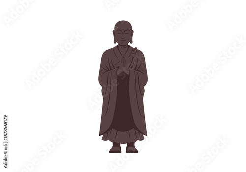 A stonelooking statue of a religious figure is in praying posture