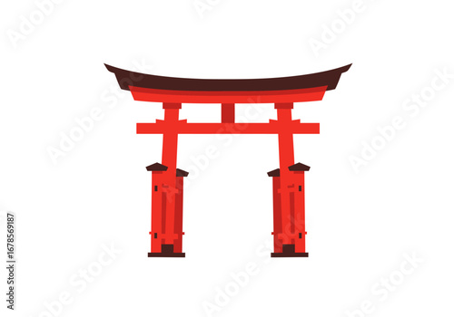 A torii gate in shades of red stands on a white background