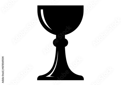 Black goblet with bulbous stem  pedestal base stands centered on a white backdrop