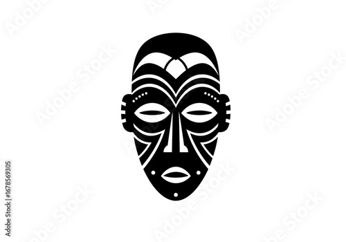 Black and white graphic art depicts an African mask with elaborate details