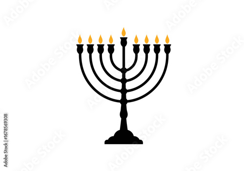 Black menorah with nine yellow flames centered on white