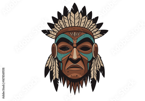 Mask with feathers and brownteal facial paint