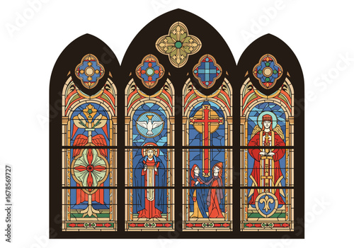 Stained glass panel with Christian motifs dove cross angels and floral patterns