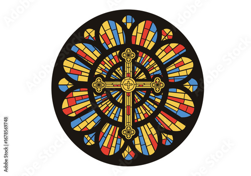 Stainedglass rose window central cross radial colored segments black outline circular frame