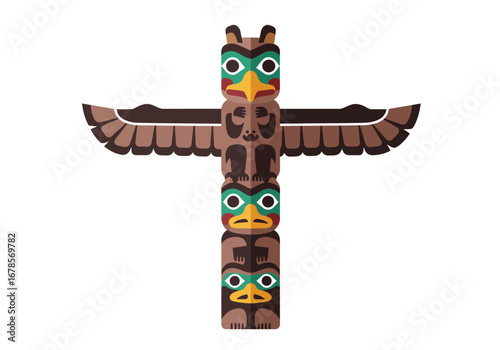 Totem pole with a stylized design of stacked animal figures featuring large wings