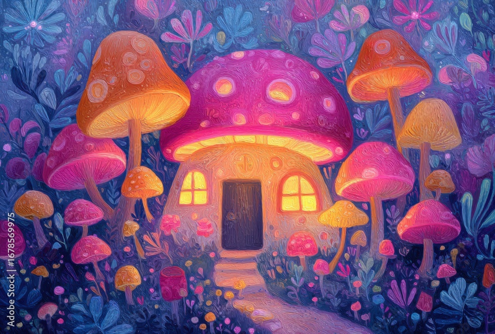 Fototapeta premium Glowing Mushroom House in a Whimsical Forest