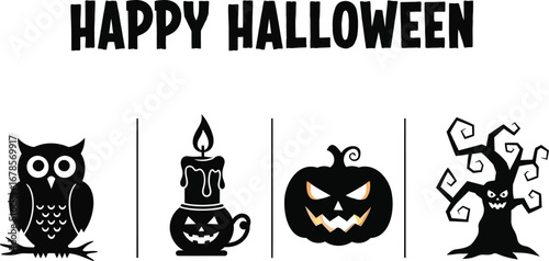 Happy halloween with owl, candle, pumpkin, bag, and tree for holiday celebration in october season