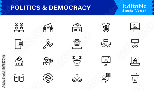 Politics and Democracy line icon set, modern professional vector collection of government, voting, civic rights, election, and policy-related minimal outline illustrations.