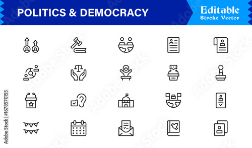 Politics and Democracy line icon set, modern professional vector collection of government, voting, civic rights, election, and policy-related minimal outline illustrations.