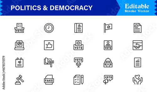 Politics and Democracy line icon set, modern professional vector collection of government, voting, civic rights, election, and policy-related minimal outline illustrations.
