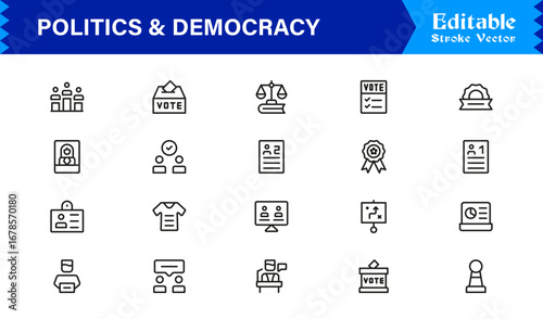 Politics and Democracy line icon set, modern professional vector collection of government, voting, civic rights, election, and policy-related minimal outline illustrations.