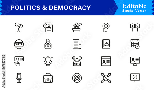 Politics and Democracy line icon set, modern professional vector collection of government, voting, civic rights, election, and policy-related minimal outline illustrations.