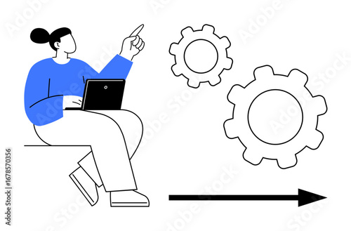 Person sitting with a laptop pointing to gears and arrow, signifying teamwork, innovation, productivity, strategy, adjustments, workflow improvement. Ideal for business, education leadership simple
