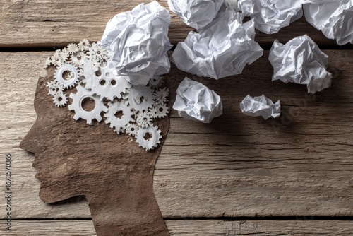 Silhouette head with gears and crumpled paper, suggesting mental overload