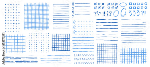Blue childish drawn crayon grids, stripes, checkbox. Textured school lined, checkered and dotted page, checklist, bullet journal sheets vector elements