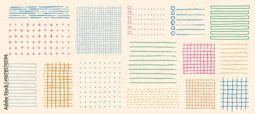 Crayon textured stripes, dots and grids for journal notes. Colorful hand drawn geometric notebook pages checkered and line patterns, vector bullet journal elements