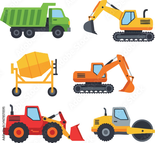 A vibrant collection of construction vehicles, featuring dump trucks, excavators, and road rollers, depicted in a clean, modern flat vector style.