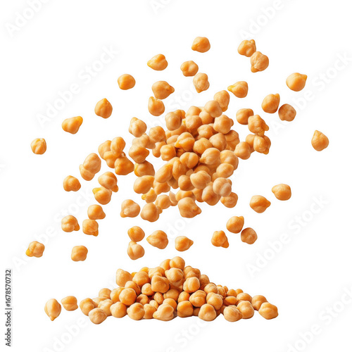 Dried chickpeas falling and forming a pile against a black background