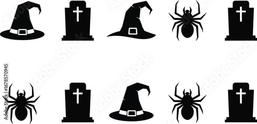 Halloween elements featuring witch hat, tombstone, and spider for spooky season decoration and celebration in october