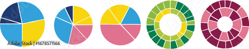 Colorful pie charts and circular diagrams represent data visualization and analysis.