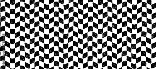 Distorted checkered seamless pattern with crayon texture. Hand drawn black checkerboard or race flag with wavy optical effect. Funky groovy vector print