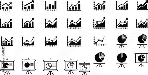 Dynamic business growth charts and presentation icons for financial success and analysis