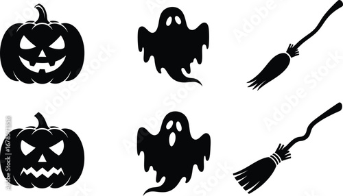 Halloween icons featuring pumpkin, ghost, and broom for spooky season decoration and celebration in october