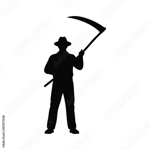  Silhouette of a farmer or grim reaper holding a scythe, representing harvest, farming, or a spooky theme.
