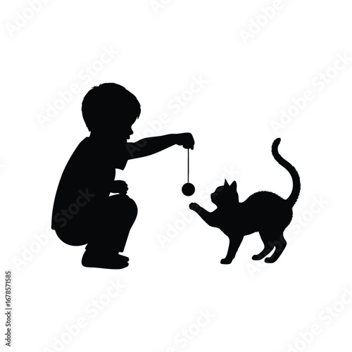 Silhouette of a child playing with a cat, representing friendship, innocence, and love for pets