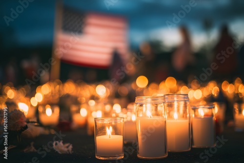 Candlelit Memorial with American Flag at Night During Vigil. Representing Patriot Day. E Pluribus Unum