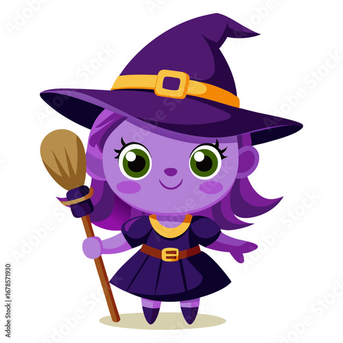 Isolated little witch in purple skin with broomstick, Halloween concept