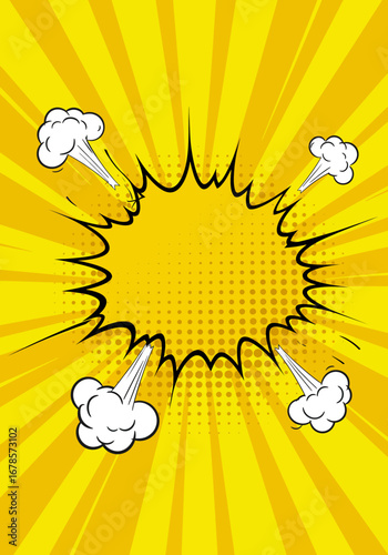 Large Yellow Comic Book Explosion Speech Bubble with White Smoke Trails.