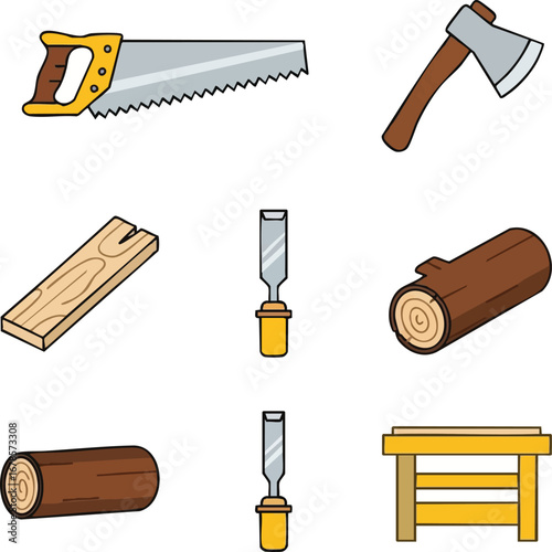 This vibrant vector illustration presents a curated collection of essential woodworking tools and natural lumber components, ideal for diverse carpentry and DIY projects.